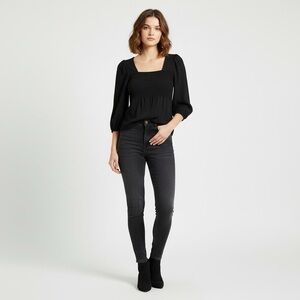 ICHI IXLOVANA MS puff sleeve square neckline black seersucker blouse size 42